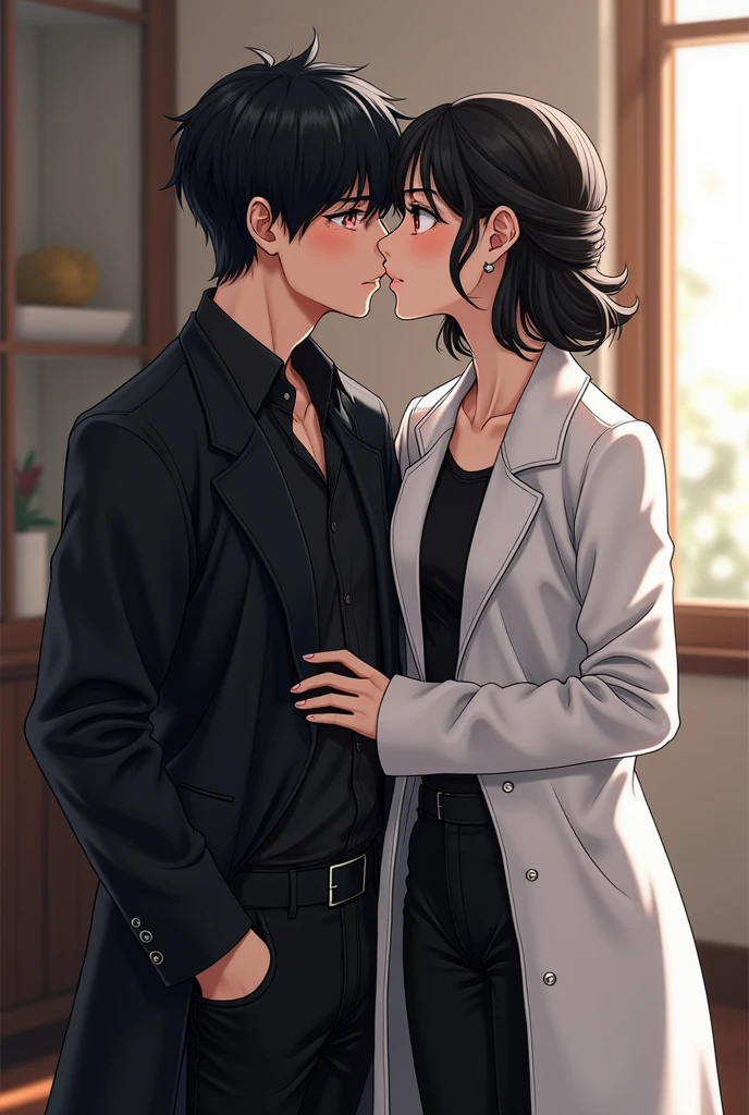 Young sexy girl wearing a red dress sitting on lap of young boy wearing a red and black flannel shirt and jeans who is sitting on a chair, kissing, making out, passionately, dim lighting, sexy, hot, lustful