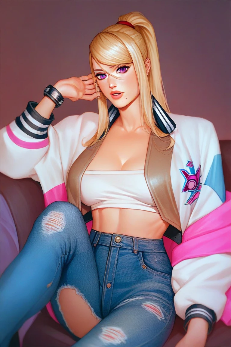Cindy Aurum Final Fantasy sitting on the couch looking at the camera, fully body, open jacket without buttons , Topless, beautiful medium breasts showing , sexly , ripped mini skirt , legs spread open, beautiful smiling, long hair, surreal ,