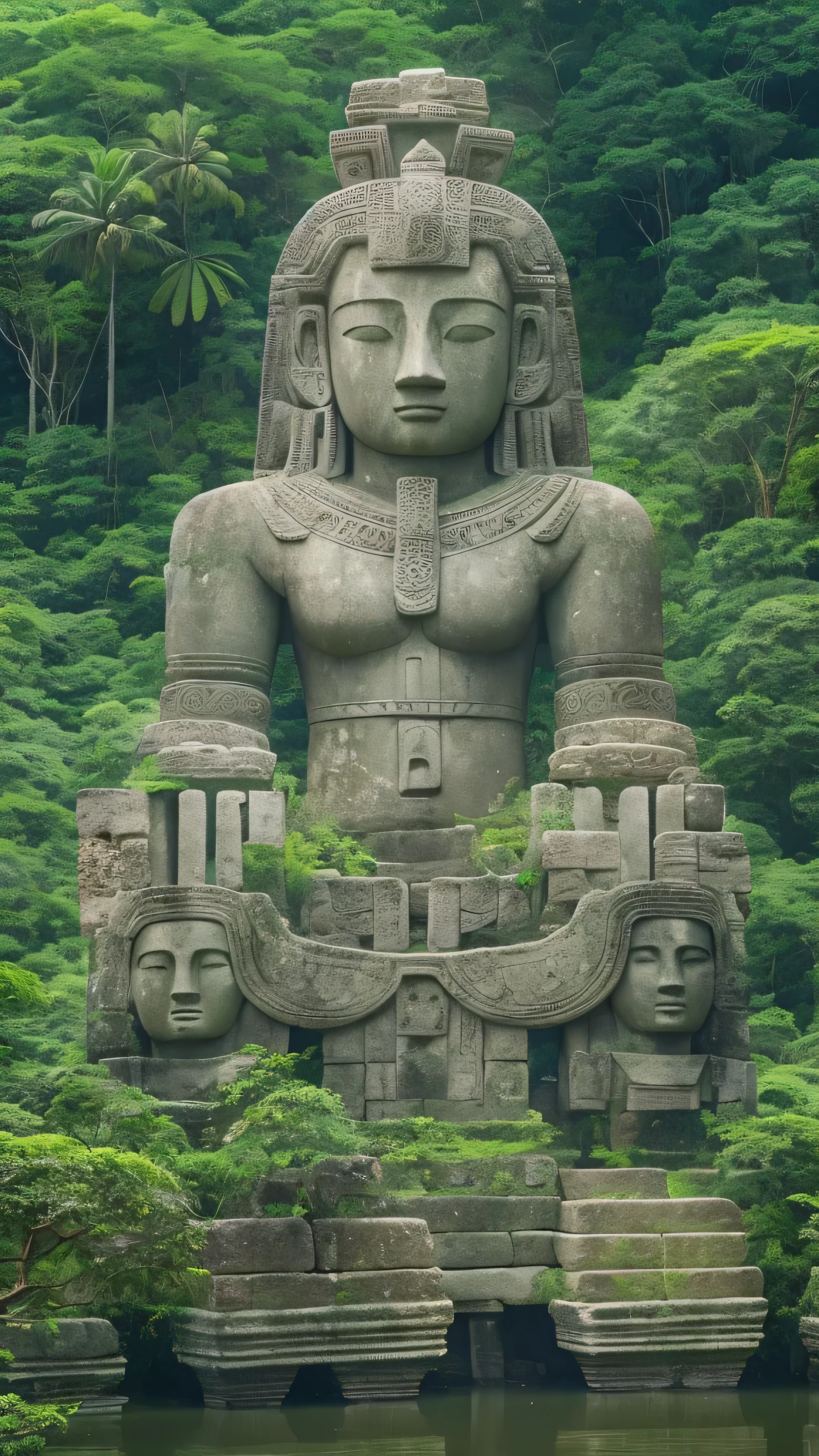  high-definition picture ， Ancient ruins deep in the Amazon River covered with forests、A perfect stone statue made of large stones 。 with a slightly open forest in the background 。