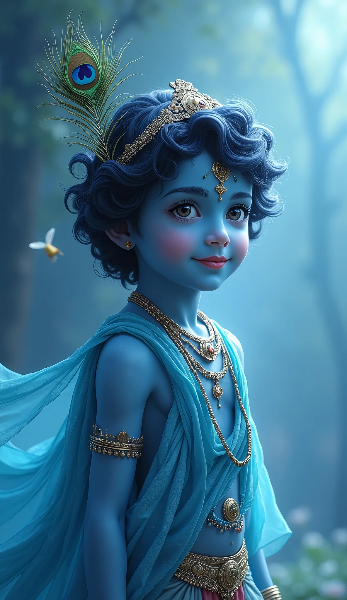 (((krishna))) .yuong boy,peacock feather in the hair, ,dark blue eyes with reddish corners,dark blue deep skin.then background is should be night sky with moon,low key,realizm ,ultra sharp skin detail