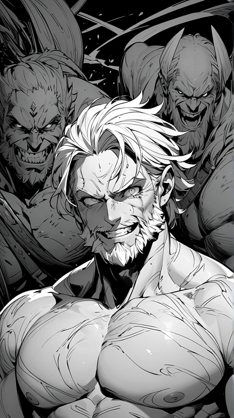 Masterpiece, top quality, anatomically correct, evil smile, open mouth smiling, detailed eyes, high contrast, detailed lines, dynamic art,, evil man face, looking at viewer, (top naked), (Viking mature man), white hair, all back hair, muscular, large body, champ belt, medieval, deeply etched wrinkles, short beard, detailed face, sharp eyes, black background, beautiful line drawing, B&W