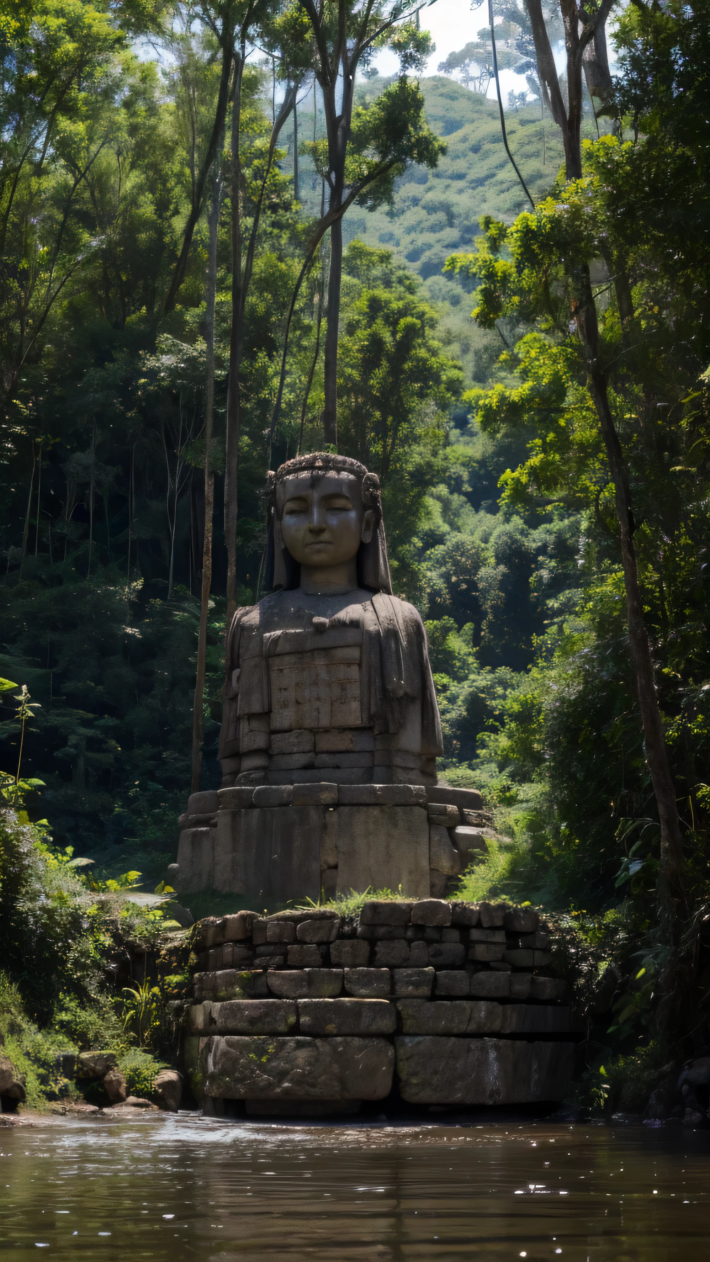 There is a statue of a person sitting on a rock in the water - SeaArt AI