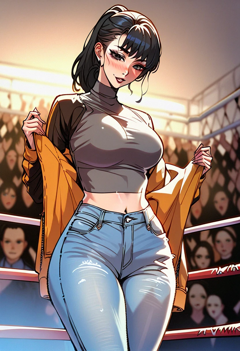 Solo,  manhwa adult girl, anime style, wrestling ring background, feisty pretty , black eyes dark, black hair with long bang, ((seductive teasing eyes)), wears a black crop top black with long sleeves, rounded breasts, perfeft femenine fragile slim body , wears a high waisted blue jeans denim, the denim is skin tight, perfect lower body, big thighs.