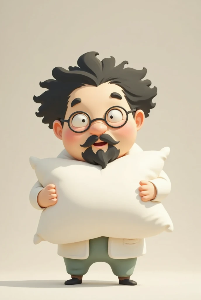 Dr. Sleep wishes everyone a happy Chinese New Year, chinese OLD MAN, black hair, NO BEARD, nice smile, square face shape, HE SO cute and KAWAII, 3d simple CARTOON CHARACTER, both hands HOLDING WHITE PILLOW, lab coat, glasses, celebrate, children drawing book style,  pastle color, warm and comfort.