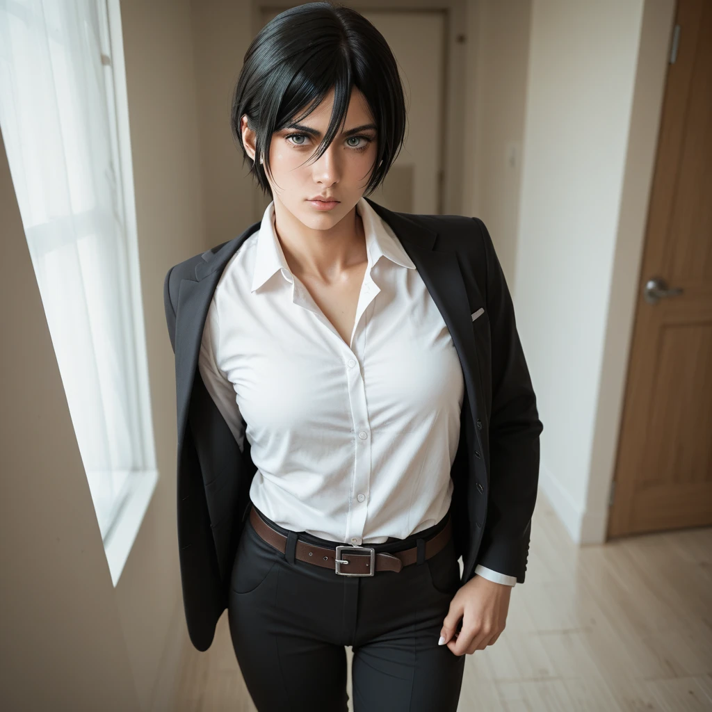 
, collared shirt, blazer, , cameltoe, pov,black flared sweatpants, mikasa, belt