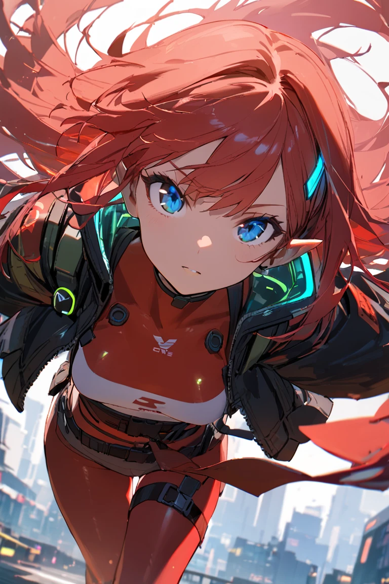 1girl, female, looking at viewer, elf ears, blue eyes, red long flowing hair, small chest, black jacket, cyberpunk clothes, looking at the camera, dynamic battle pose