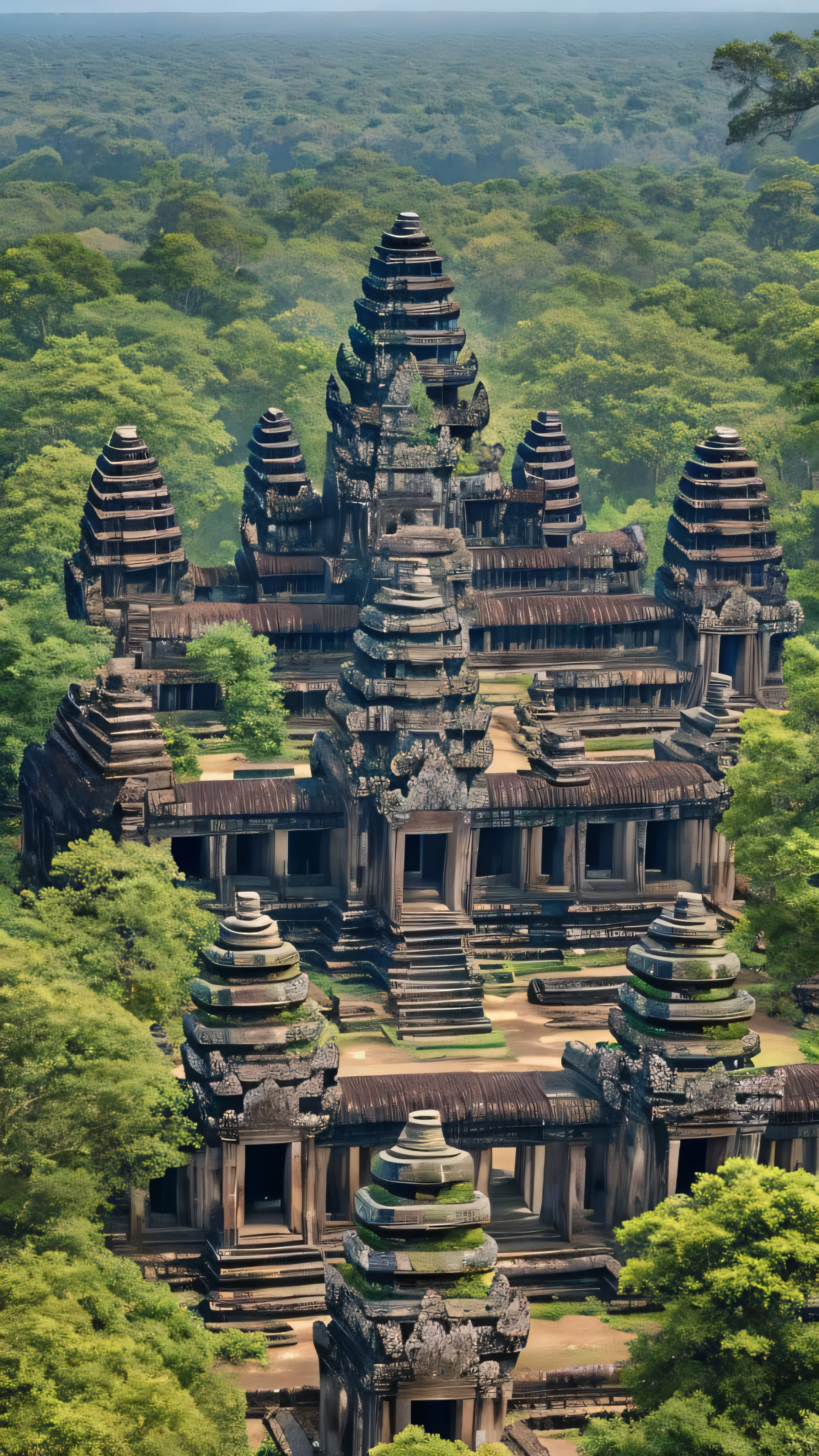  high-definition picture ， Ancient ruins of colourful Angkor Wat in Southeast Asia covered with forests、Perfectly shaped temples and stone statues made of large stones 。 with a slightly open forest in the background 。