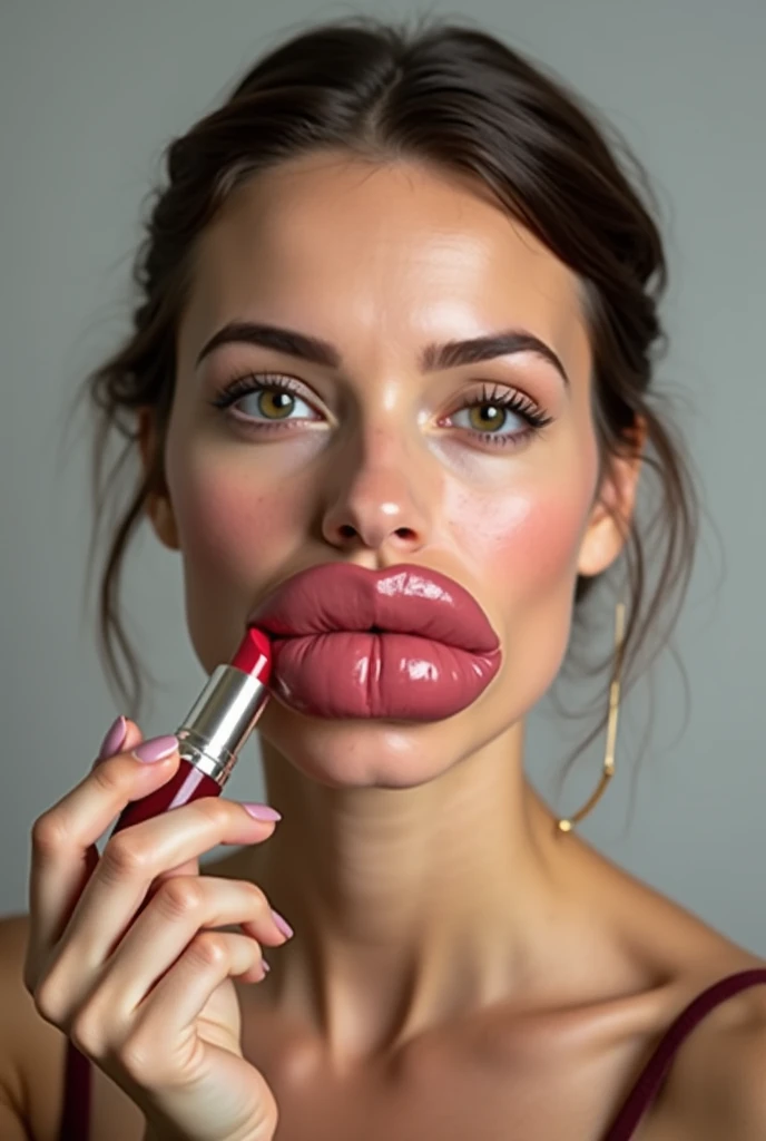 shaved hair, beautiful face, huge eyelashes, pink lipgloss, large tongue, open mouth, hyper big plastic mouth, bimbo face, Large plump Bimbo lips