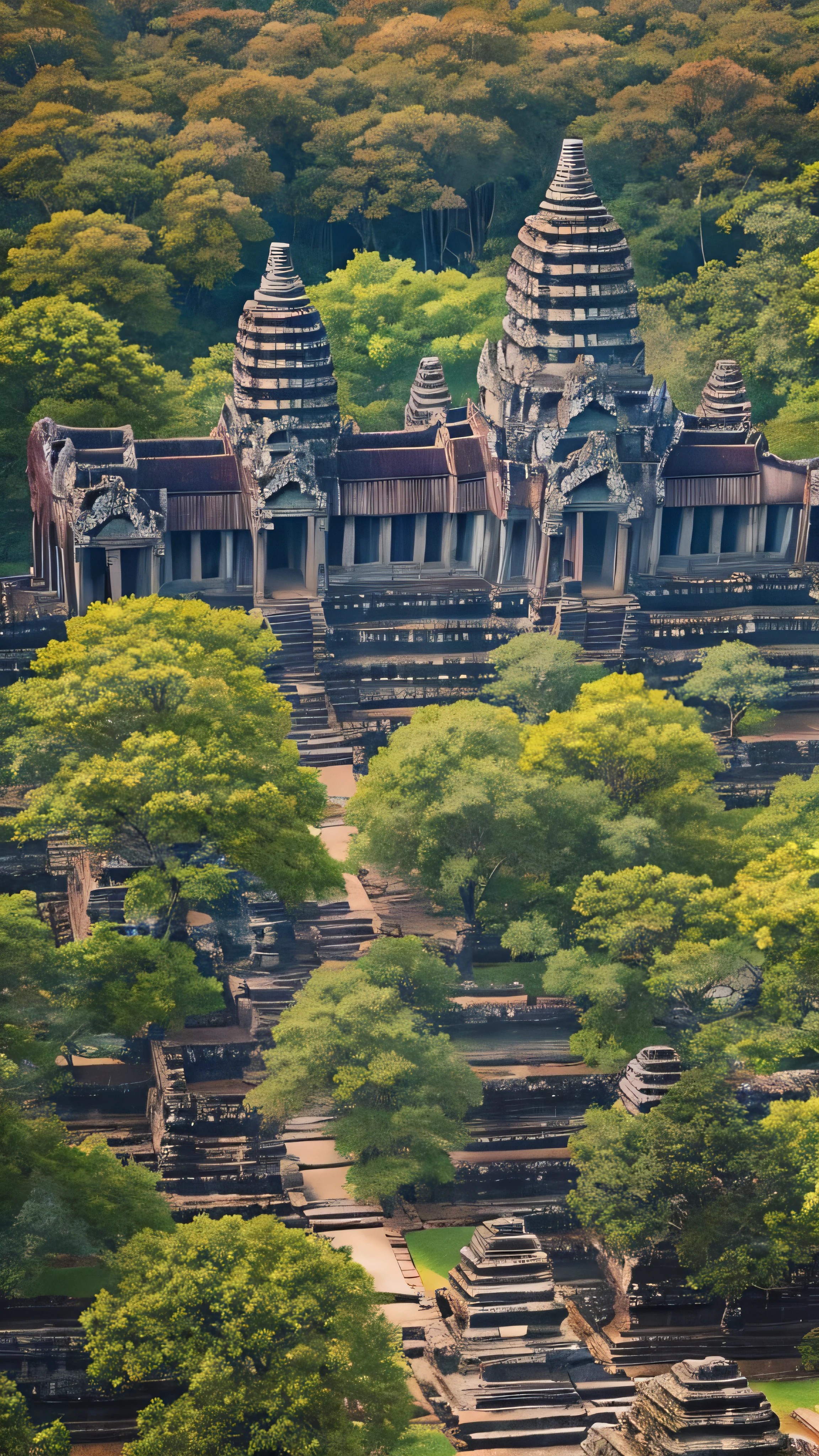  high-definition picture ， Ancient ruins of colourful Angkor Wat in Southeast Asia covered with forests、Perfectly shaped temples and stone statues made of large stones 。 with a slightly open forest in the background 。