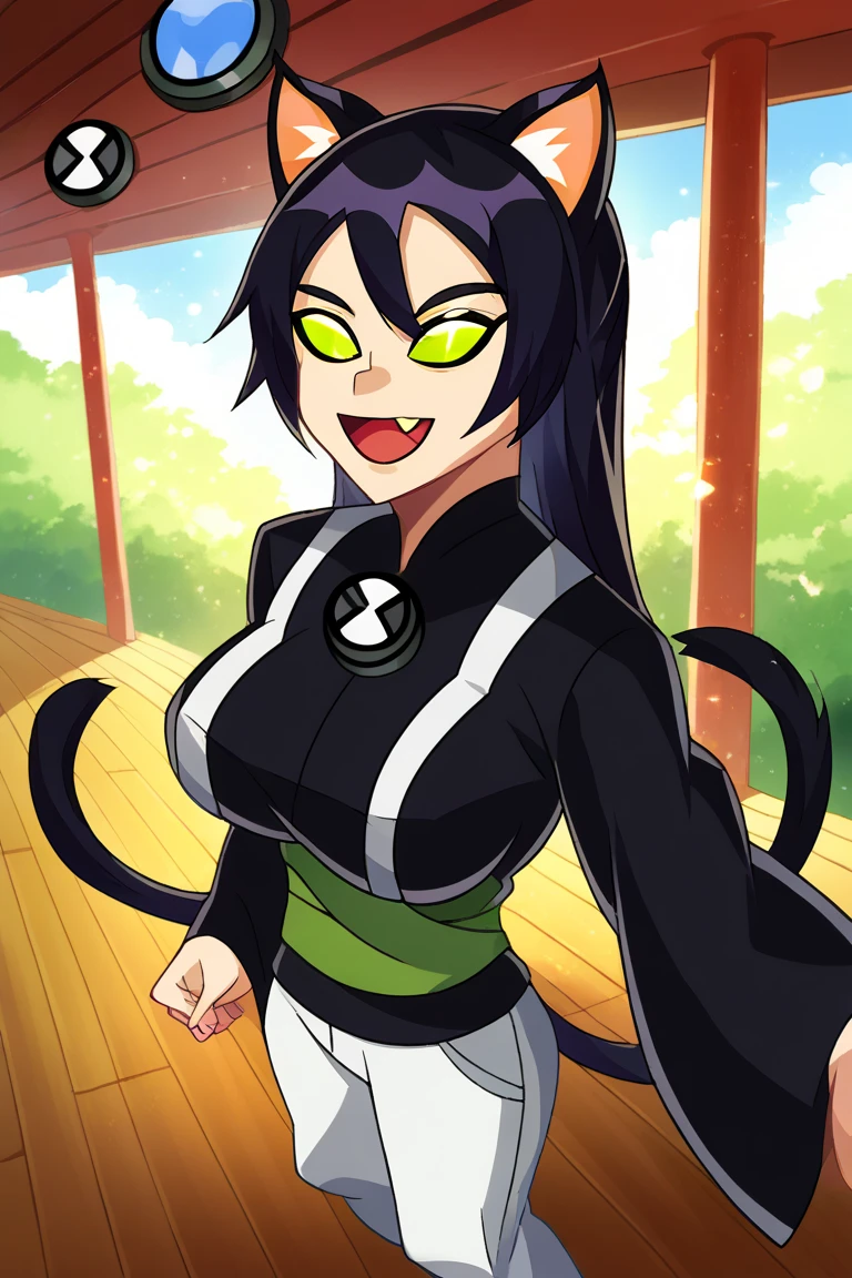  score_9,  score_8_above,   source  _anime BREAK solo , 1 girl,   Looking at the viewer, vaquero disparó, 
Kuroka still , green eyes, slit paboveils,  black hair,  long hair,  animal ears ,  animal ear fluff , cat tail,  cat ears , 2 tails, multiple queues, black Kimono, green Obi, diadema,  curvilinear ,  big breasts, naughty face, smile, :3,  open your mouth, fang,
 outdoor, Sunlight, sanctuary,  East Asian architecture,  light particles , dust, long pants, ben10, insignia, 1 insignia