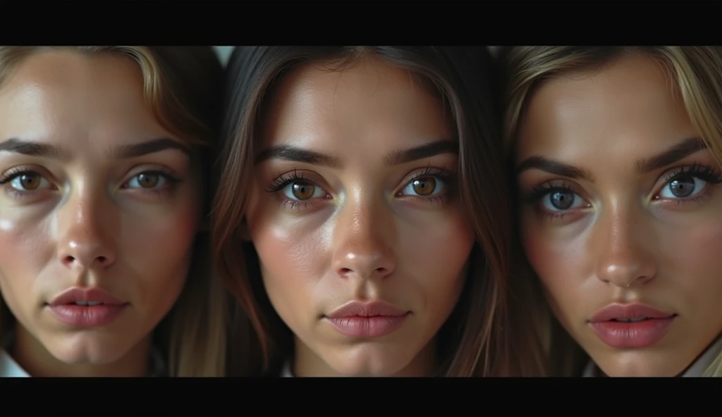 (Full body of a female masterpiece:1.5)0.9],(Heterochromia xanthochromia and blue eyes:1.2)(Colored stars in the eyes:1.0) (thick lips:0.9)(gigantic breasts:1.2), fakebreasts, An 18 year old female with the same physical characteristics as Sophie Rain, full-bodied, holding a phone to do a selfie of her new Nike Pro outfit with two clones of herself beside her.  The camera is viewing them from the ground to give them a dominant and strong appearance 