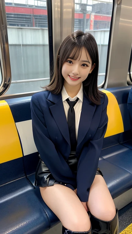 (8K), (highest quality: 1.2), (realistic), (realistic: 1.37), ultra high resolution, 1 girl, cute, smile, closed mouth, beautiful details, beautiful nose, wet hair, giant dulcefo, pork, thighs，Self snap,University Student Uniform,Sitting on a Tokyo train,simple blazer,pleated skirt,(The pattern of the skirt and tie is a tartan check pattern..:1.3),cross your legs, From above,thighs,ponytail,opaque knee high tights