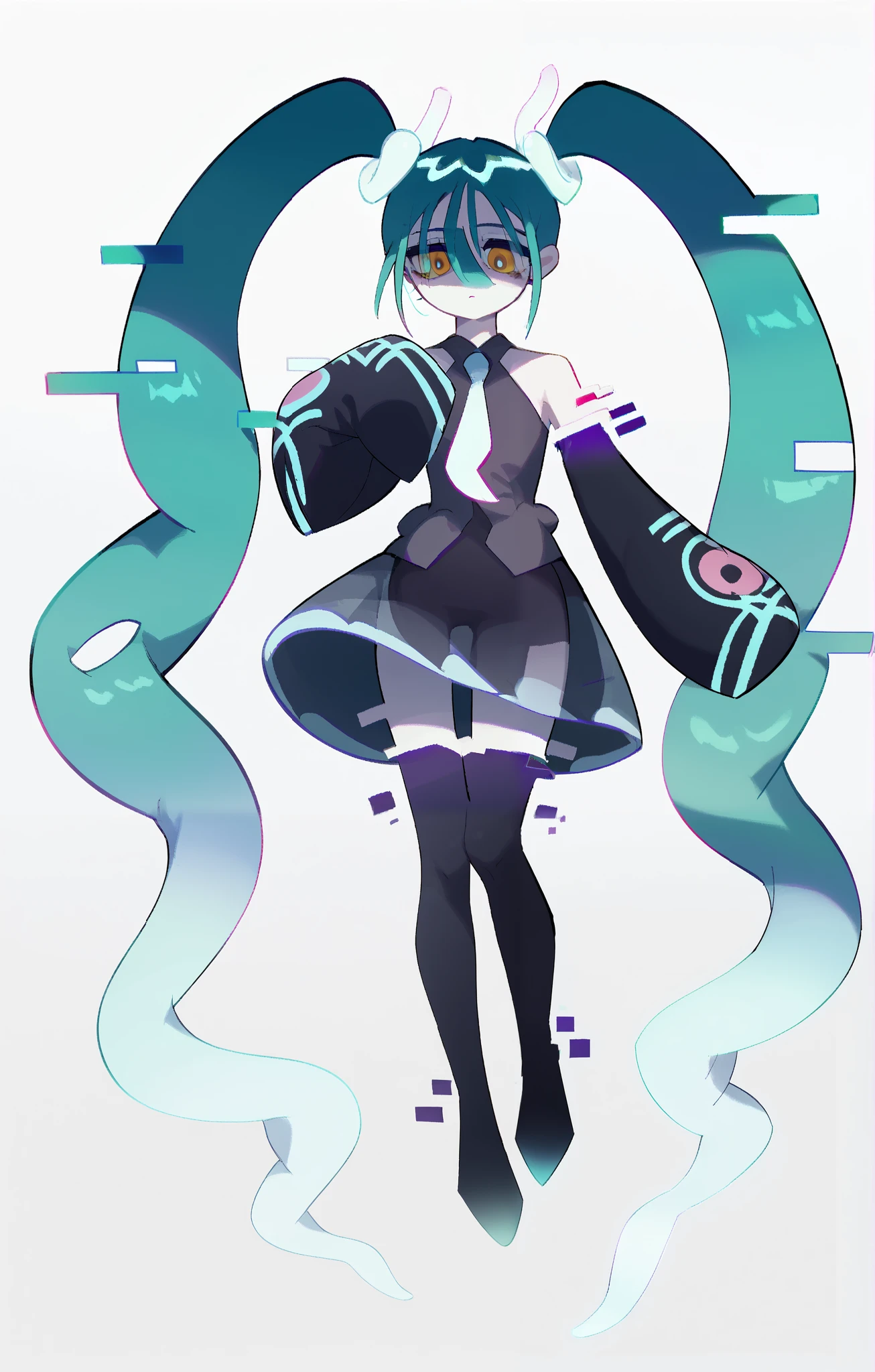 1 girl, White Background, full body,, pale skin, looking at the spectator, full body, floating, GhostMiku_PonyXL twintails, aqua hair yellow eyes necktie, long sleeves, seethrough-skirt hitodama, melhor qualidade, best quality, detalhes, adult, olhos perfeitos, 4k, hd, 8k