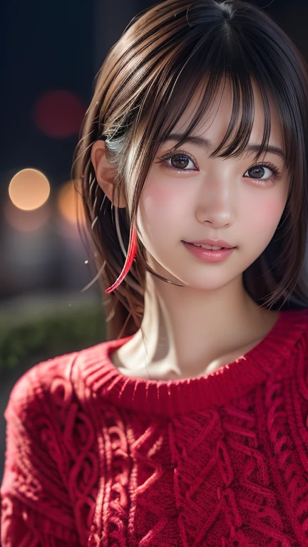  1 Japanese girl,(Colorful red sweater:1.4), ( RAW photos,  best quality ), ( realistic,  photorealistic:1.4),  table top,  very delicate and beautiful, 非常に Detailsな, 8k wallpaper, wonderful,  Details, 非常に DetailsななCG Unity,  High Resolution , Soft light, Beautifully decorated 19 year old girl, 非常に Detailsなな目と顔,  beautifully detailed nose,  beautiful details,Cinema Lighting, night view, perfect anatomy, slender body,AAA Cup,smile ( hair is disheveled,   asymmetrical bangs that grab the chest,  black hair,)