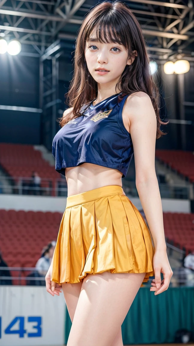 A beautiful young Japanese woman, 20 years old, with perfect anatomy, healthy thighs, beautiful feet, flawless skin, random hair color and style, large bust, (she is standing:1.2), wearing a cheerleader uniform with micro-pleated miniskirt, in a full body shot, standing in a stadium, (best quality,4k,8k, highres, masterpiece:1.3), (extremely detailed:1.2)