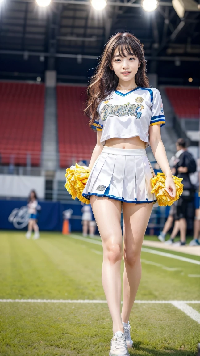 A beautiful young Japanese woman, 20 years old, with perfect anatomy, healthy thighs, beautiful feet, flawless skin, random hair color and style, large bust, (she is standing:1.2), wearing a cheerleader uniform with micro-pleated miniskirt, in a full body shot, standing in a stadium, (best quality,4k,8k, highres, masterpiece:1.3), (extremely detailed:1.2)