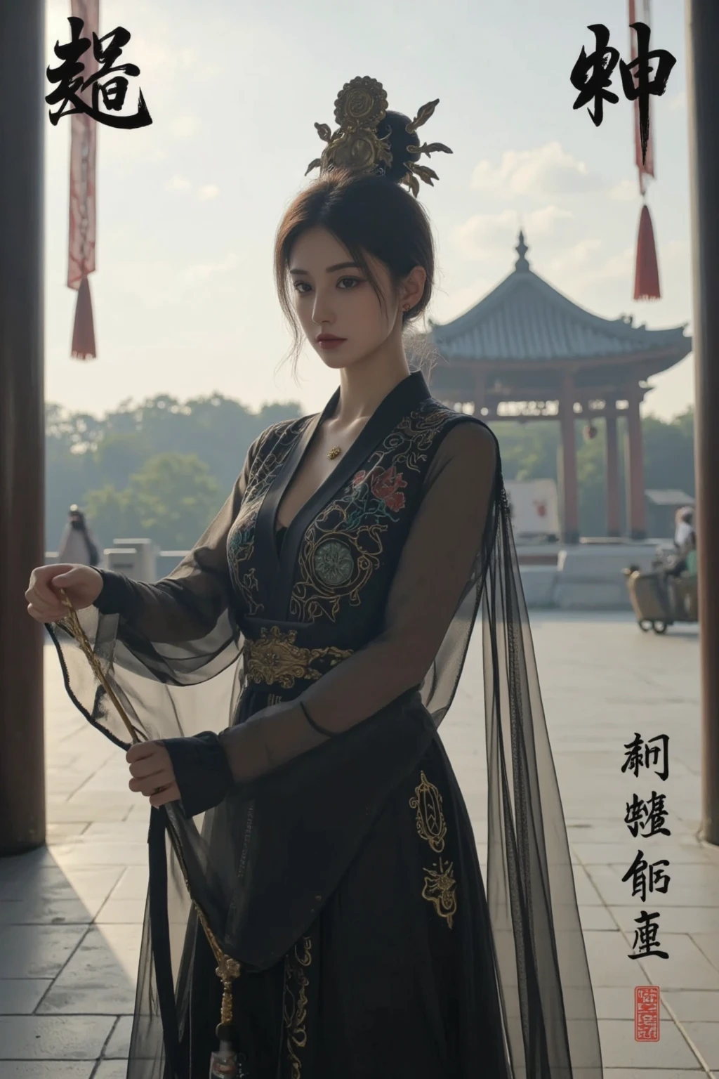 (masterpiece), best quality, Expressive eyes, Perfect face, HD, Benissato, Meinoichi, Snake tattoo, She is a tall and mature woman.，fit，Curved，Long legs，Long arms, Even though she is a ninja herself, Benissato has the appearance of a beautiful and seductive geisha, She has porcelain skin.，Her long black hair was tied into a bun with a hairpin and a traditional comb.。, Benissato is covered in serpent tattoos that come alive when she uses her powers and will usually appear naked during a battle to throw off her male victims, She is wearing a traditional Japanese geisha robe, whole body, Pants, Long sleeve, Vest, sandals, kimono, dividend, Snake Paranormal 