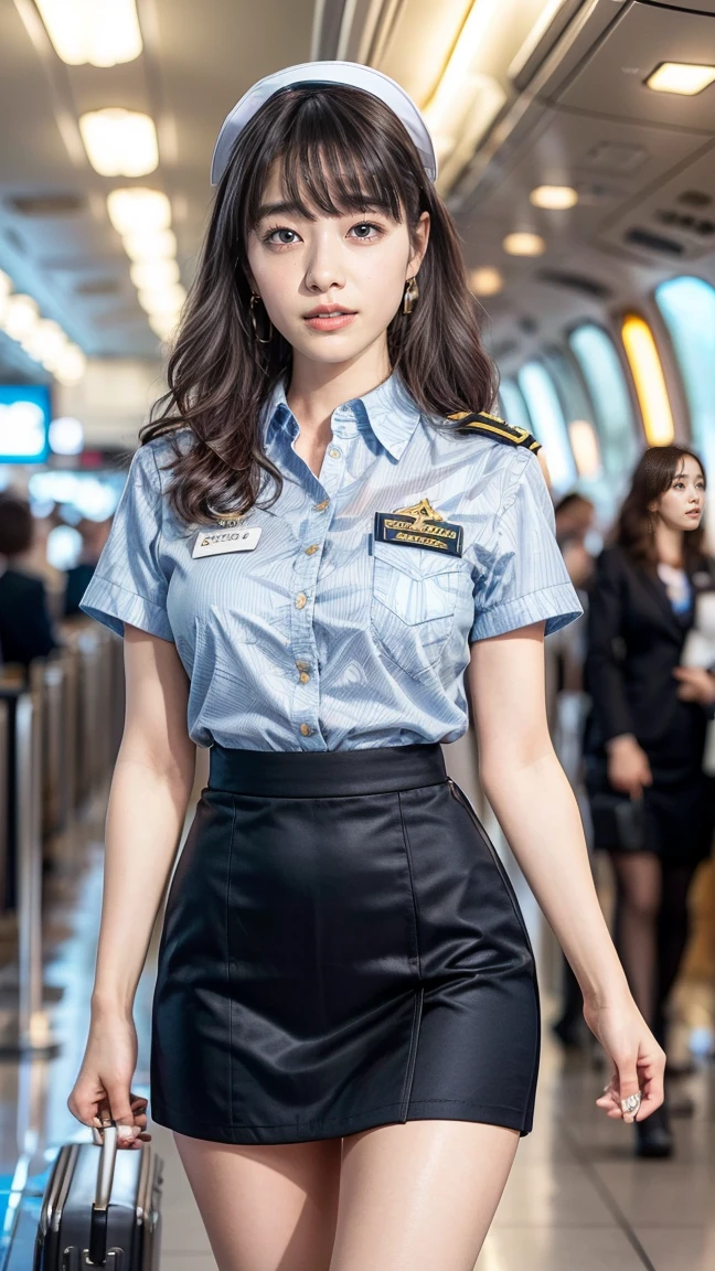 A beautiful, 24-year-old Japanese woman with perfect anatomy, healthy thighs, beautiful legs, beautiful skin, random hair color and style, large breasts, (wearing a flight attendant uniform with a mini-skirt:1.3), (she is standing:1.2), full body shot, pumps, carrying a suitcase, at the airport, (best quality,4k,8k,highres,masterpiece:1.3),(extremely detailed:1.2),realistic,photorealistic,photo-realistic:1.37,professional,vivid colors, studio lighting