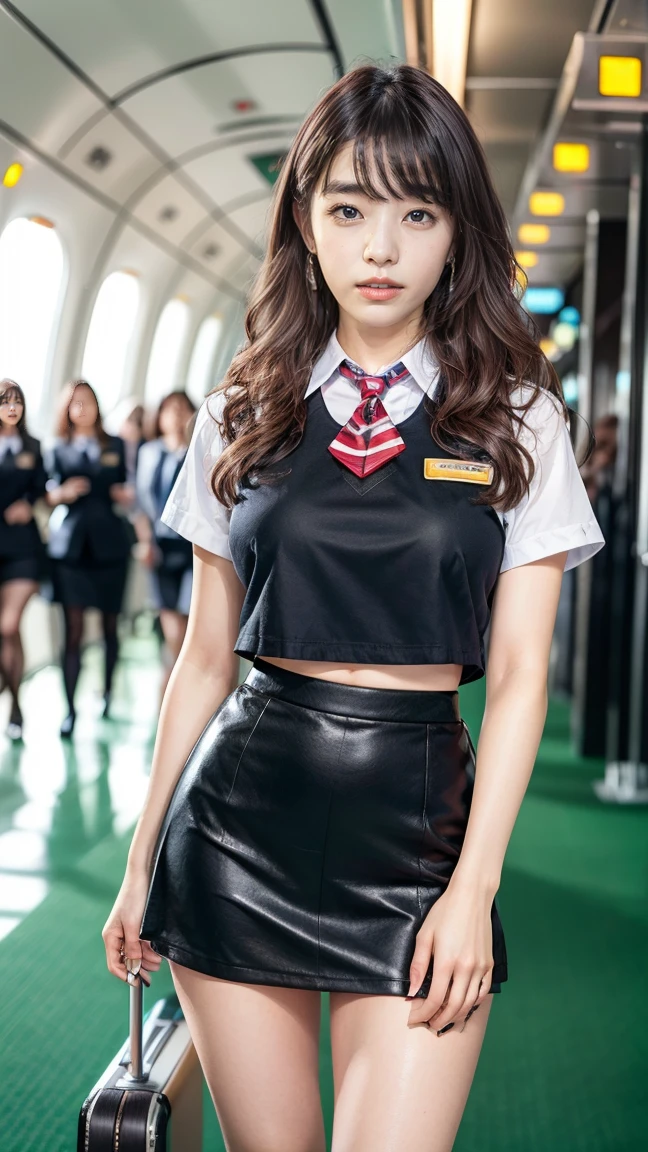 A beautiful, 24-year-old Japanese woman with perfect anatomy, healthy thighs, beautiful legs, beautiful skin, random hair color and style, large breasts, (wearing a flight attendant uniform with a mini-skirt:1.3), (she is standing:1.2), full body shot, pumps, carrying a suitcase, at the airport, (best quality,4k,8k,highres,masterpiece:1.3),(extremely detailed:1.2),realistic,photorealistic,photo-realistic:1.37,professional,vivid colors, studio lighting