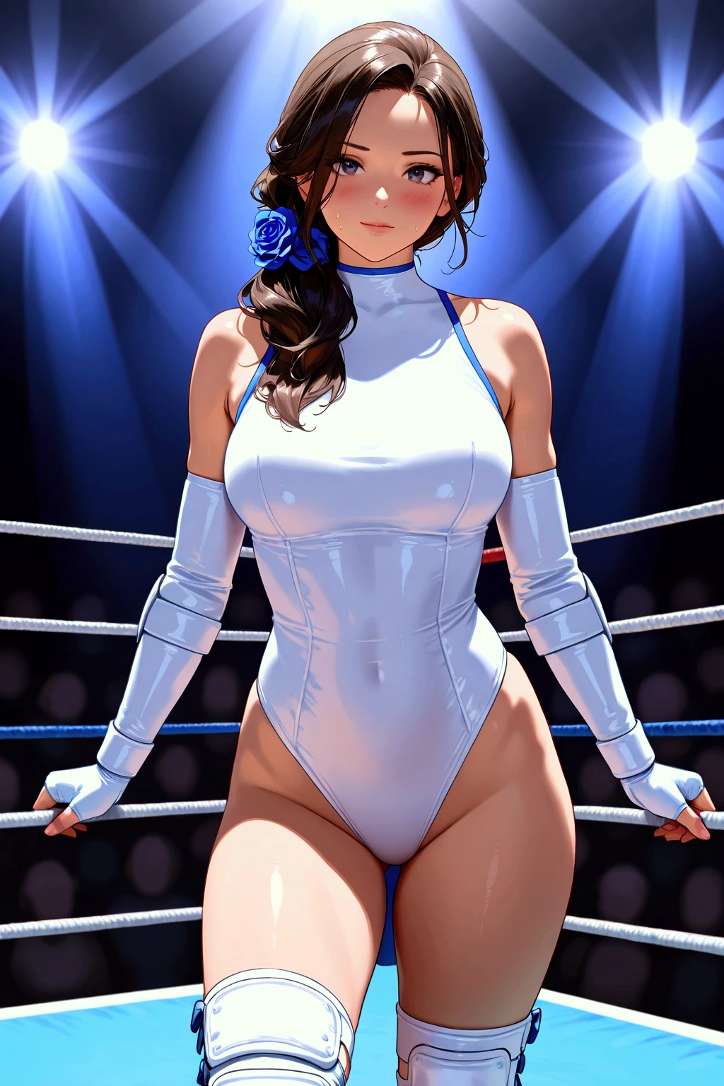 ((((masterpiece)))), (( unity 8k wallpaper, photorealistic , (( detailed face )), ((nsfw)), Female Pro Wrestler , one length,Pure white leotard,Elbow guard, leg protectors ,torture, The top tier of a rope strung on a pro wrestling ring, she straddles there is a rope under her crotch,A rope that cuts into her crotch,Stand and hang in the air,whimper,perfect anatomy