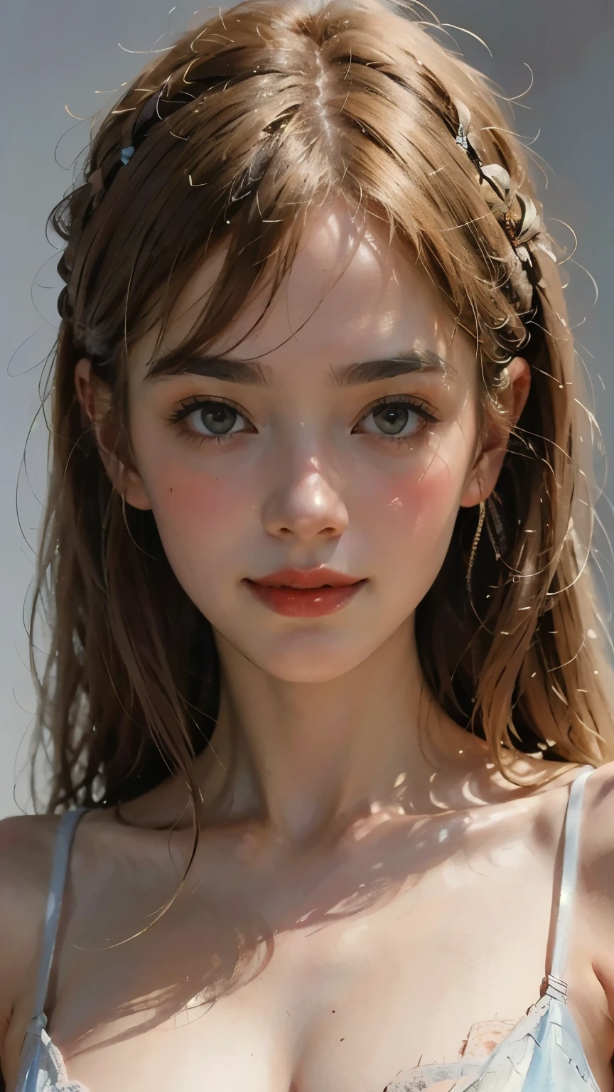 Portrait of a beautiful elegant blonde woman, Full body portrait、 Fairytale Atmosphere , Attractive blue eyes, Delicate features, Shining Smile , maquillage natural , Elegant attire, kind expression, Light blush , Warm Skin Tones, great lighting , Soft Shadow , High resolution digital painting, realistic style , Artistic Interpretation , By a skilled portrait painter.
