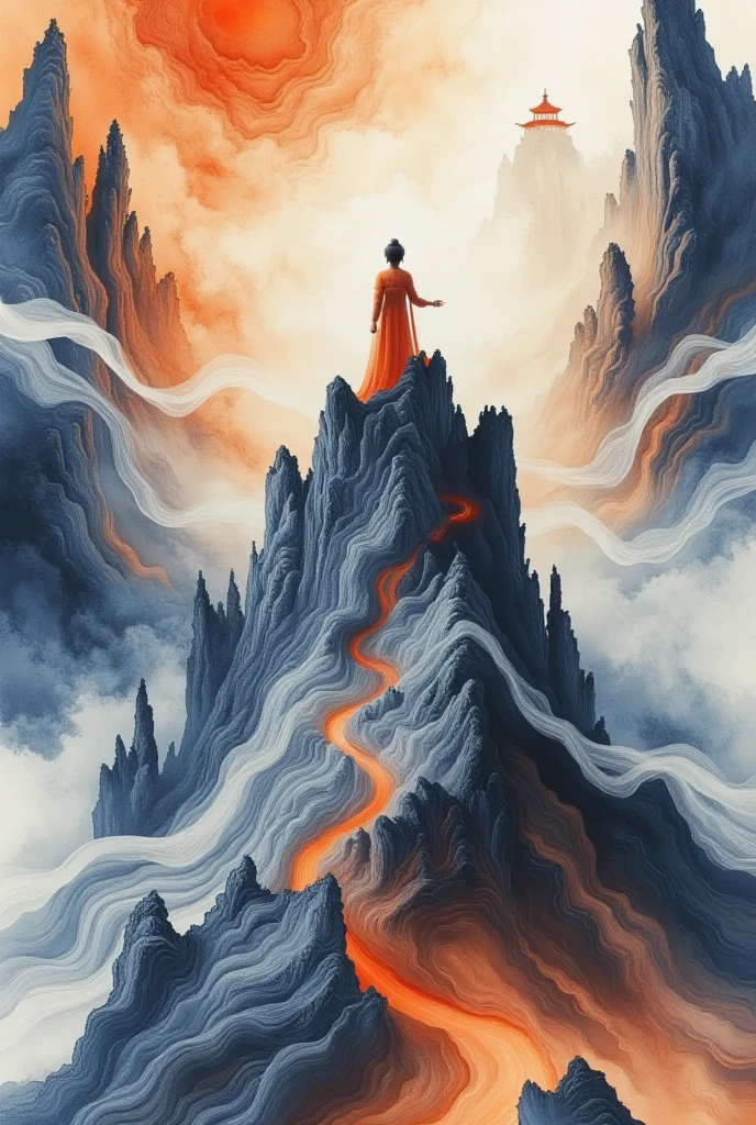 A painting of a woman standing on a mountain with the sky in the background,  This is an ultra-detailed painting inspired by Victo Ngai, tumblr, metaphysical painting, Wei Weide! Silent color , Wei Weide style, Wei Weide and surrealism, botticelli and Wei Weide, Wei Weide. unreal engine