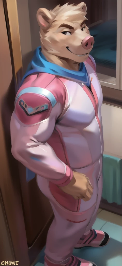 (2heads), conjoined dicephalus,1man,(masterpiece,high resolution,ultra - detailed:1.0),1(boy, boy),Perfect slender male body,Look at the camera,Delicate and detailed eyes and delicate face,Extremely detailed CG,Unity 8k wallpaper,Complicated details,solo person,Detailed face, (pink futuristic skin tight body suit), (futuristic), (slender body with bulge) color difference, Depth of field,dramatic shadow,Ray tracing,Best quality, hands visible, white gloves,(((big bulge:1.4)))