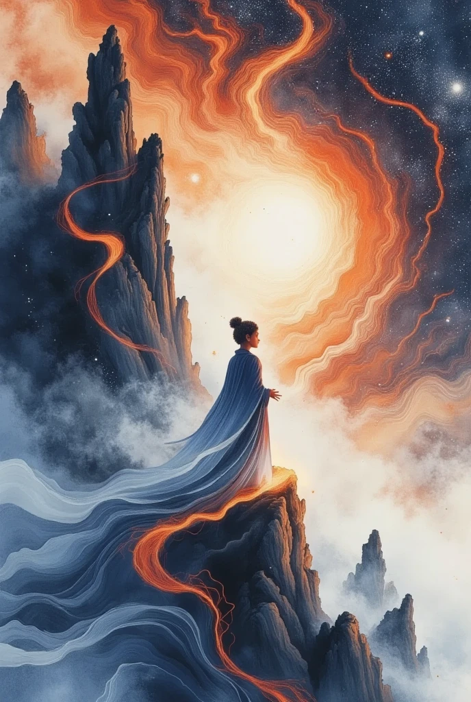  A beautiful woman standing on a cliff looking up at the stars, （ Exquisite silhouette）， surrounded by a vortex of cosmic energy ， shrouded in a fantastic mist 。Figure in a flowing robe .，Elegant，Light， merging with the flow of heaven and earth 。 The sky is dark purple and blue tapestry ，星Light点缀， The landscape below suggests soft 、Rolling mountains，星Light灿烂,  fantastic numbers , Ethereal精华, Unreal fantasy,  ethereal beauty ,  digital art fantasy , beautiful fantasy painting,  exquisite fantasy art , Stunning fantasy art, Inspired by  Cyril Rolando  ( Cyril Rolando ),  fantasy art style ,  gently swirling magical energy ,  fantasy numbers ,  fantasy numbers 艺术, Ethereal, of Unreal fantasy，Artistic Beauty ，Gold Thread。Tracking Gold。
