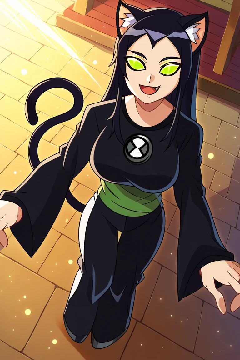  score_9,  score_6_above,   source  _anime BREAK solo , 1 girl,   Looking at the viewer, vaquero disparó, 
Kuroka still , green eyes, slit paboveils,  black hair,  long hair,  animal ears ,  animal ear fluff , cat tail,  cat ears , 2 tails, multiple queues, black Kimono, green Obi, diadema,  curvilinear ,  big breasts, naughty face, smile, :3,  open your mouth, fang,
 outdoor, Sunlight, sanctuary,  East Asian architecture,  light particles , dust, long pants, ben10, insignia.