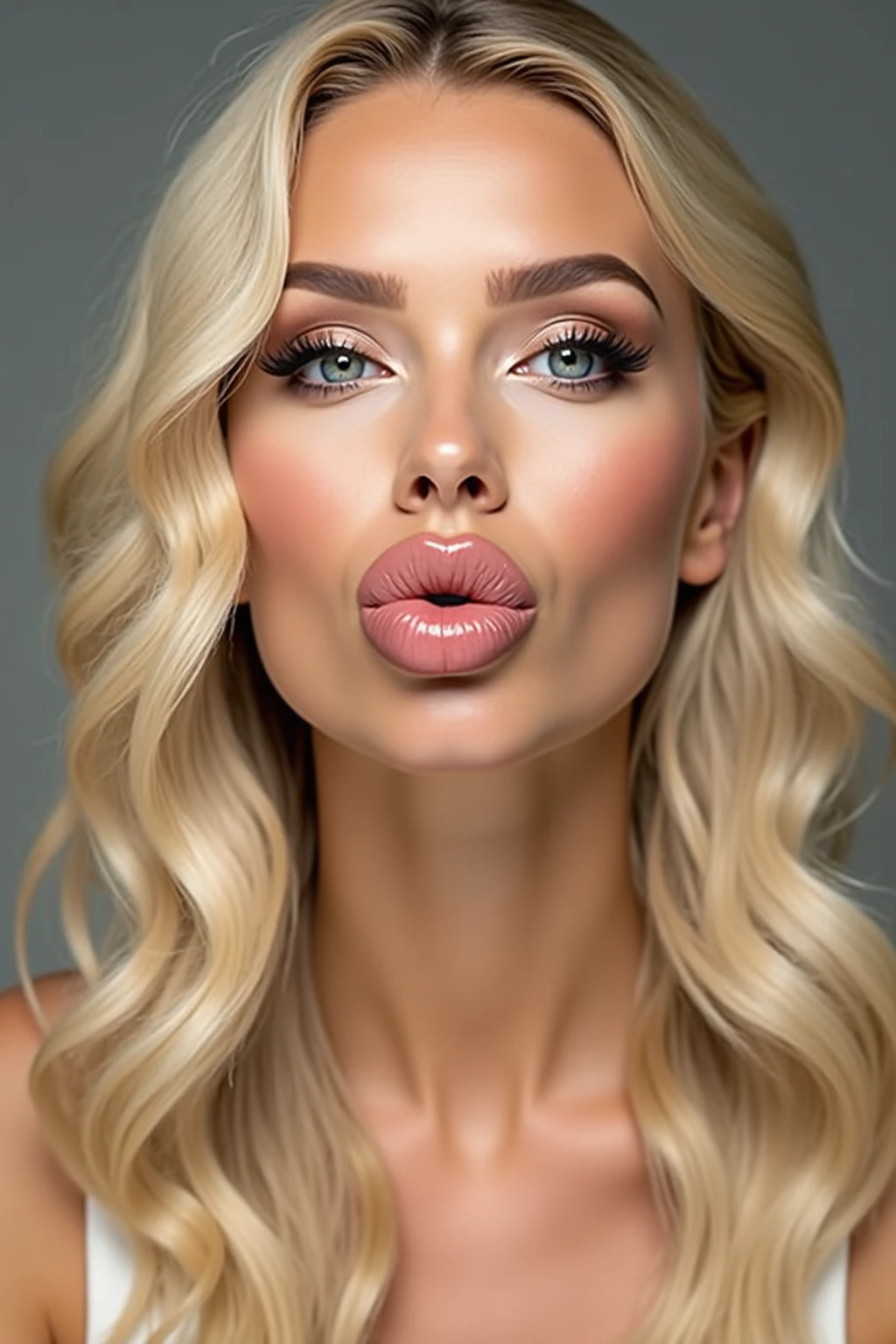 Blonde woman with big inflated lips in tight transparent bra shows me her huge puffy breasts sucking her fingers