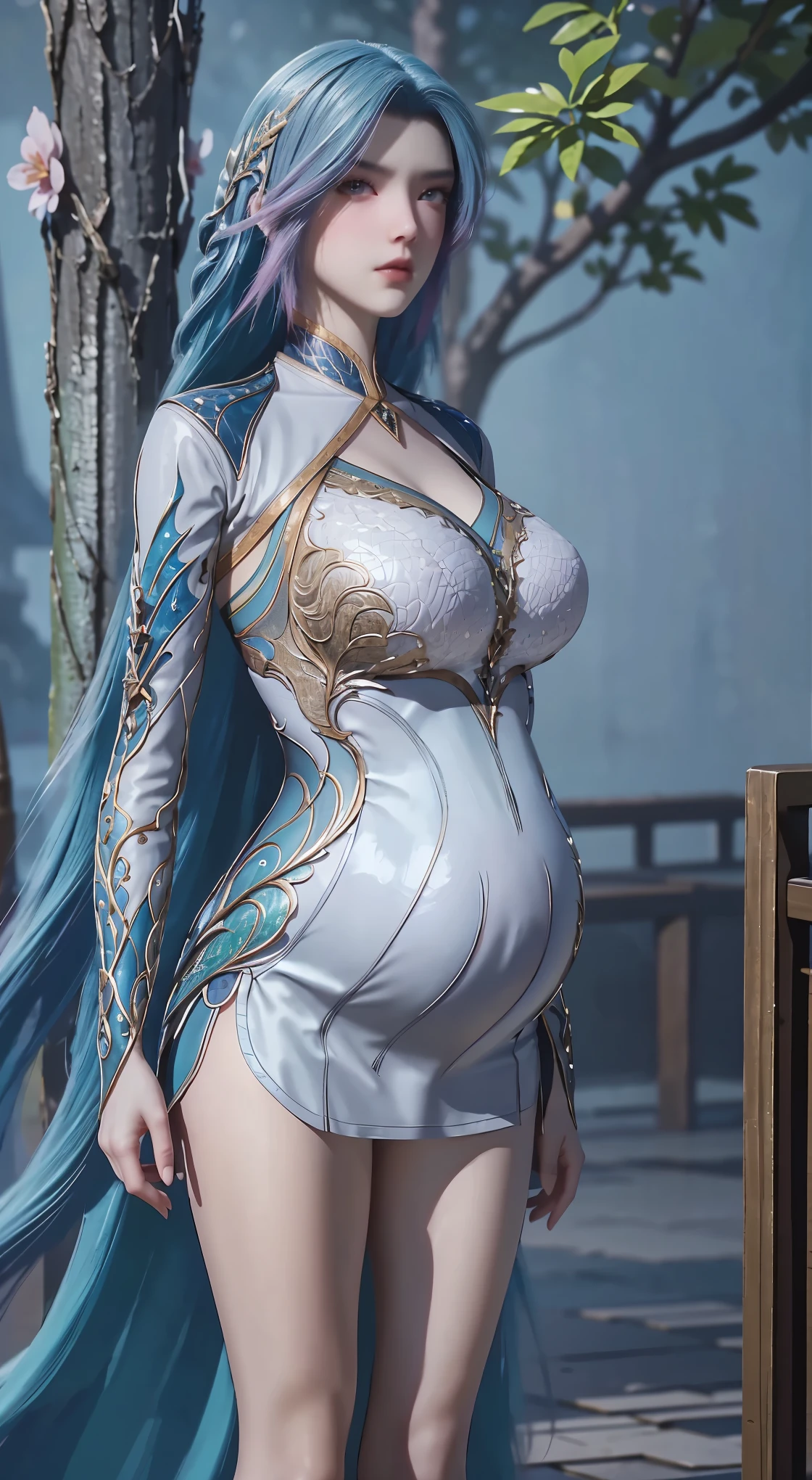 ((top quality, 8k, masterpiece: 1.3)),  Wang Qiuer, QiuEr , Alone, blue long hair, blue hair, breasts, open eyes, split sleeves, skinny , transparent, dark blue, dress, transparent panties, dark blue, twisted braid, long braid, jewelry, gold accessories, gorgeous accessories, Complex, delicate lips, long hair, medium breasts, outdoor, closed lips, petals, peach blossoms, slender figure: 1.2), dark brown hair, (outdoor, shirt, shorts: 1.1), ultra detailed face, detailed lips, detailed eyes, double eyelids, (huge breasts: 1.2), (huge pregnant:1.3)