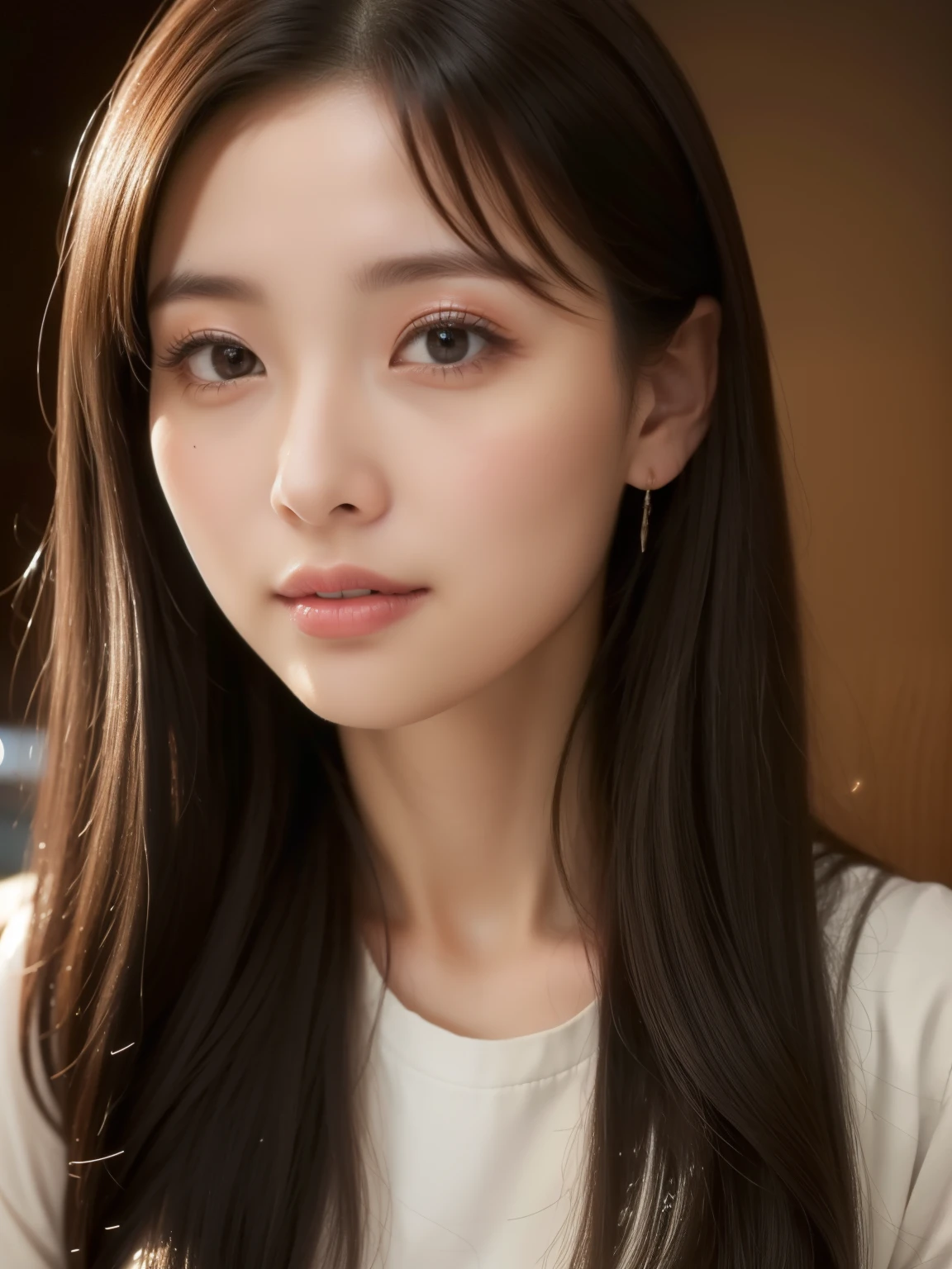 A photo portrait of a Japanese cute girl.beautiful.like a model.brown long hair.Her bangs are parted and her forehead is exposed.symmetrical face.front facing.front facing.looking at camera. studio lighting, 8k. Dramatic, professional photography, UHD,photorealistic.35mmlens,f/1.8,