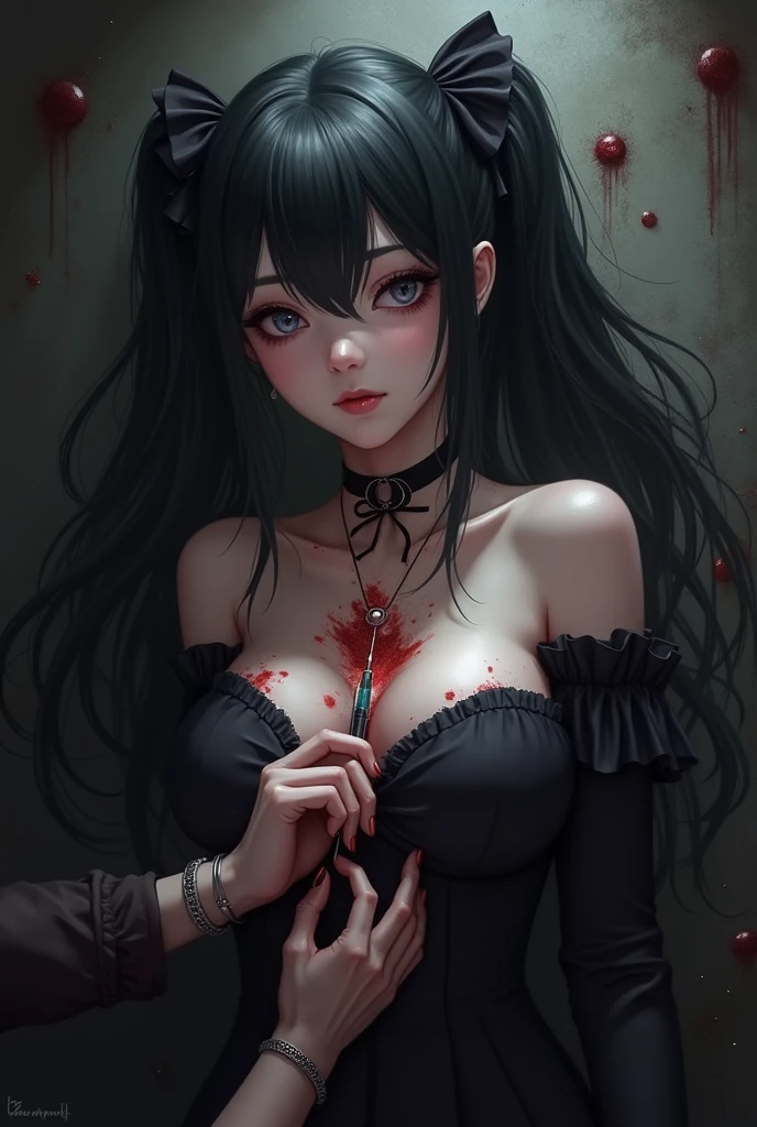 1 girl, ahoge, bangs, black-framed glasses, black dress, blur, blurred background, depth of field, glasses, looking at the audience, parted lips, piercing, purple eyes, upper body, very long hair, blood all over the body, lying flat on the ground with blood on the face, eyes closed,