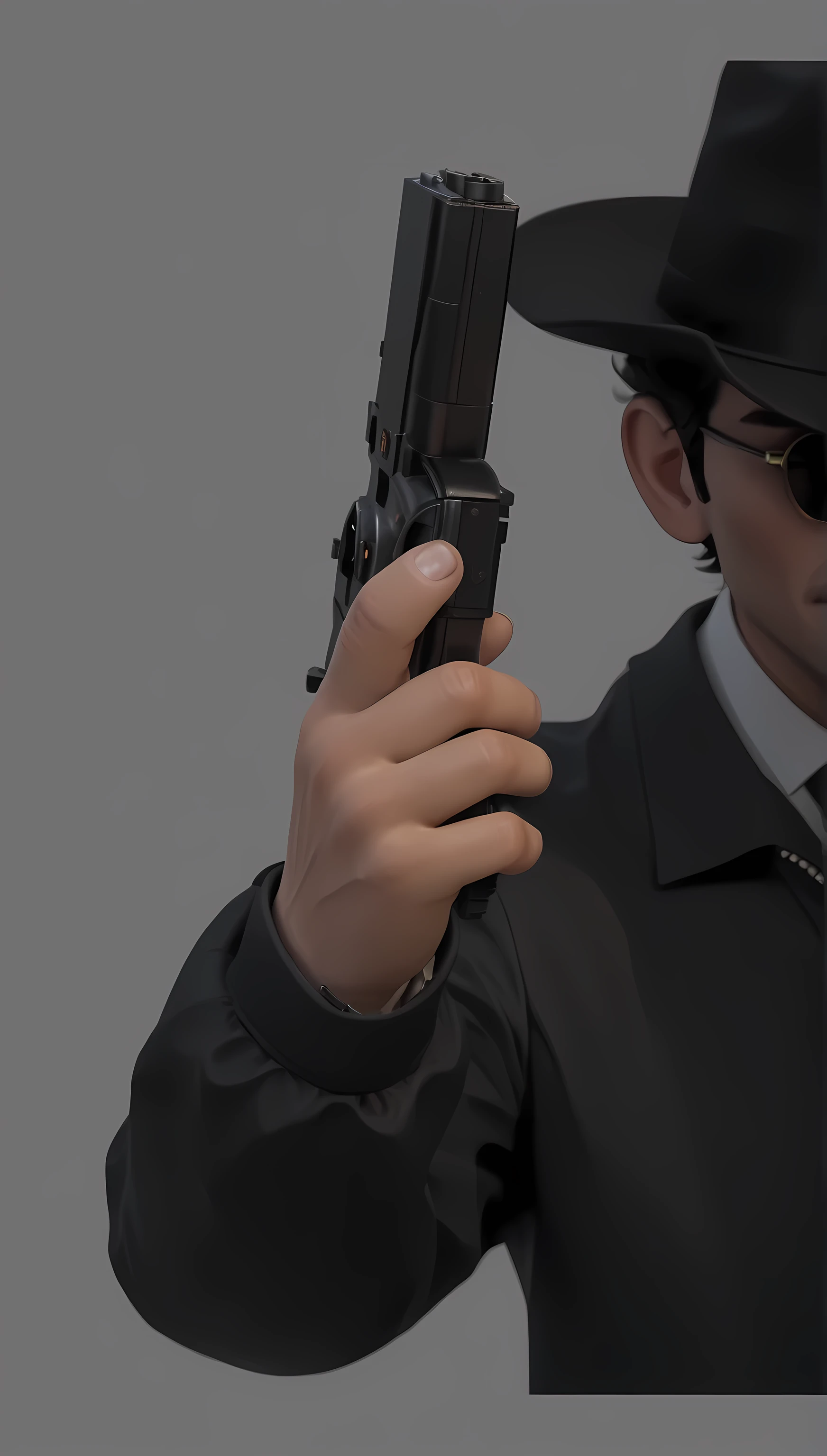  cartoon character， image of the Italian mafia boss，Left hand close-up ，Raise your left hand， holding a pistol ， holding a handgun ， black 9mm pistol， metal texture ， more gun details ，Hold the gun，UE5 Rendering，3D Rendering，Cartoon shading，3D Model