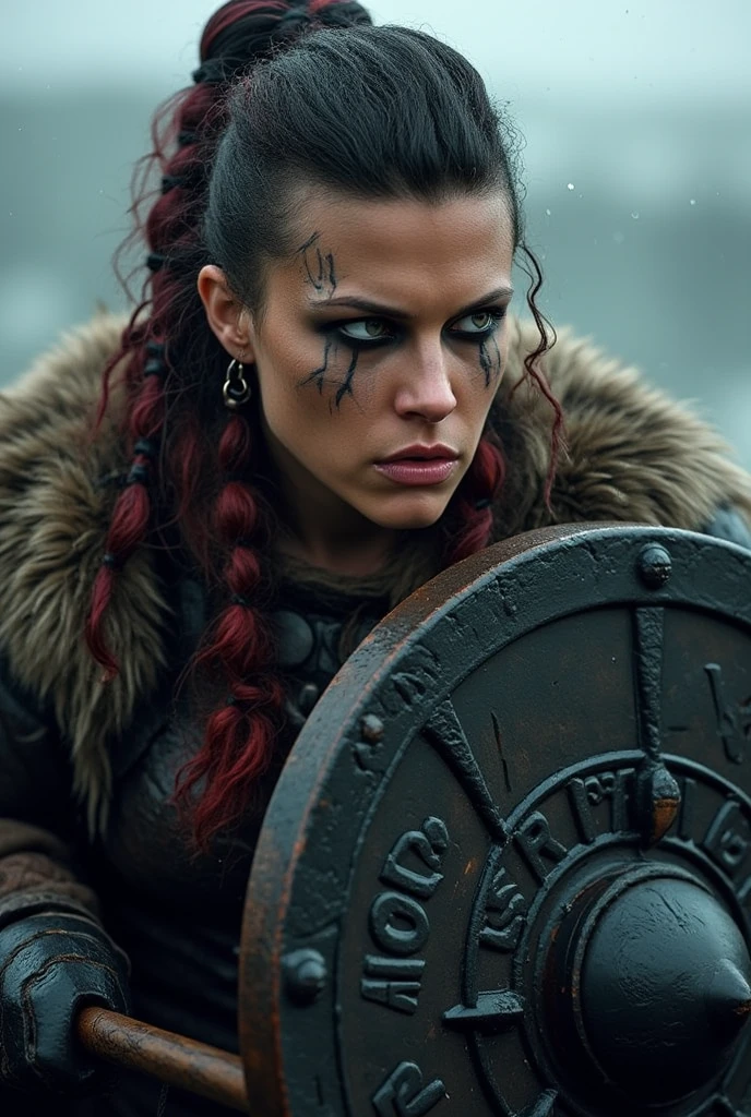 professional photograph the photo was shot on a Sony Alpha a7R IV camera and a Sony FE 85mm f/1.8 lens, aperture f/1.8, shutter speed 1/125s, ISO 800. cinematic film still dramatic side lighting, dramatic intense stare photo, dark black background, hdr, dramatic beautiful warrior muscular slavic woman with face paintings and blood, looks sternly at the camera, viking braids, skull necklace, shallow depth of field, vignette, highly detailed, high budget Hollywood film, cinemascope, moody, epic, gorgeous, full body view, standing.