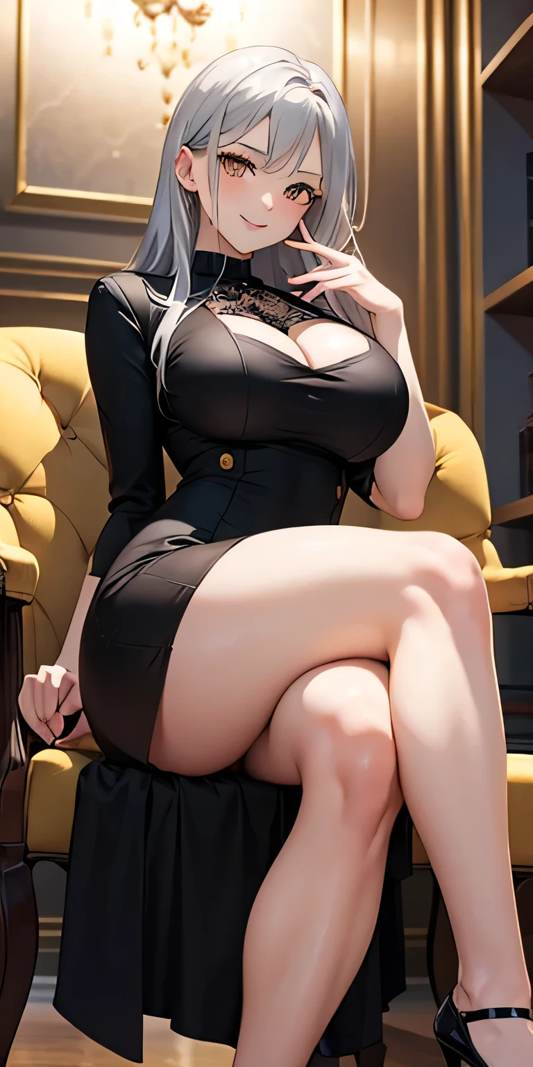 The Alafi woman sat on the sofa,Legs crossed, Smooth translucent white skin, pale milky white porcelain skin, very beautiful long slim legs, pale woman, Long thin legs, pale porcelain white skin, very beautiful slim legs, white silky outfit, photo of slim girl model, elegant lady with alabaster skin, extremely pale white skin, full-body xianxia,woman model,office lady uniform,Office wear,black lence stockings,full-body portraits, stunningly beautiful, dynamicposes, delicated face, Vivid eyes,sexl,Clothes visible on the chest,The crotch is fully visible,ssee-through,Soft skin、a skirt、eye glass,perfectly proportions、black pantyhoses,Beautiful and elegant face, 详细的脸, A detailed eye,photo-realistic hair,long whitr hair,Huge soft breasts,Thighs,nedium breasts, Slim waist, Erotic face,