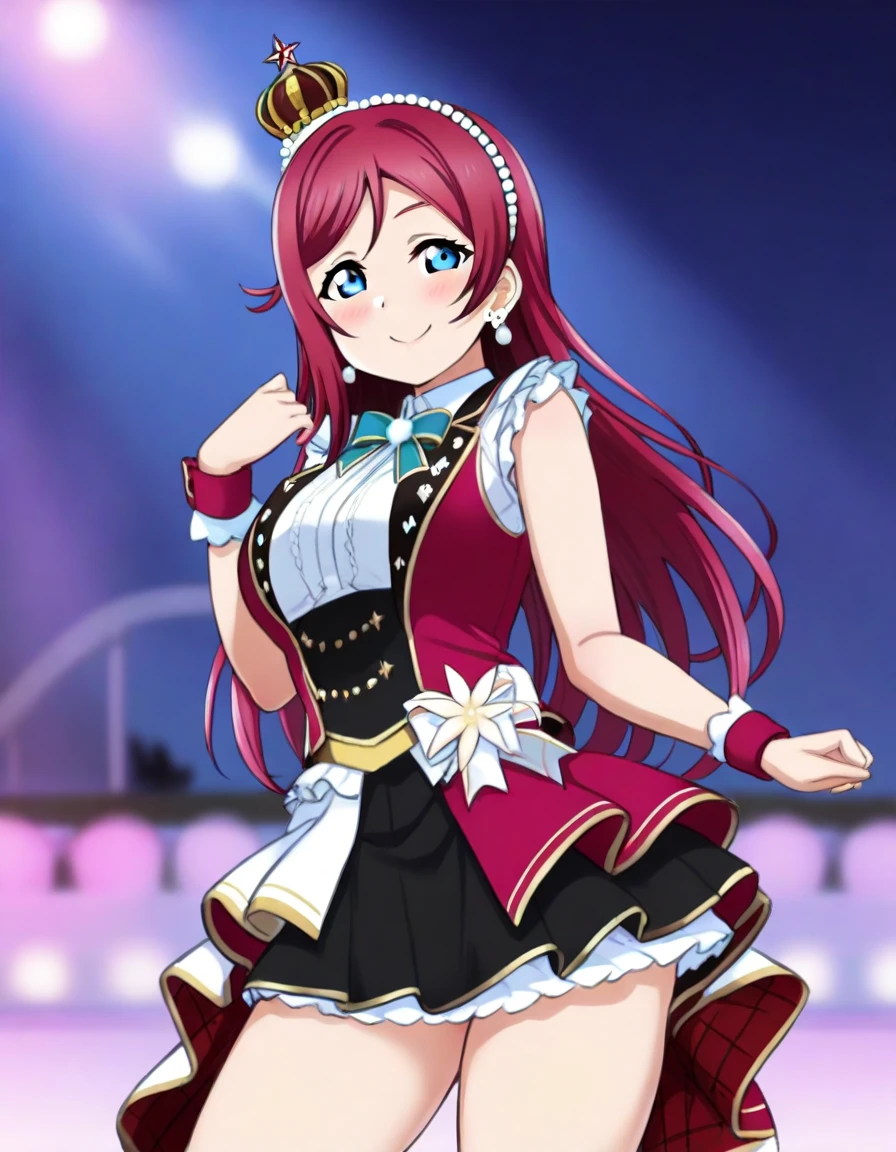 best quality, amazing quality, very aesthetic, absurdres,
1girl, love live, long red hair, blue eyes, large breast, idol uniform, skirt idol uniform, smile, blush, pearl crown, stage, idol stage, night, earings,