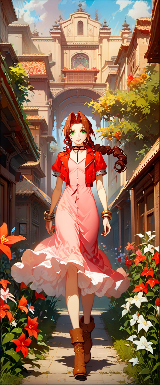 ((masterpiece), (best quality), (8k), (4k)), ((girl)), ((Final Fantasy VII), (Aerith Gainsborough)), ((brown hair), (high middle bang), (longer side curly bang), (long tight curly ponytail like braid)), ((green eyes), (red hair ribbon), (red bolero jacket), (short sleeve jacket), (cropped jacket), (black tie choker)), ((long pink straight dress), (brown boots), (bangles)), walking in a garden, flowers, detailed background, inspired by Asukaziye artist : ask, art style : ask