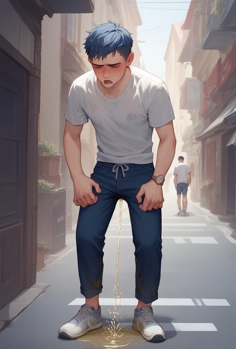 Man using anal dildo in alley