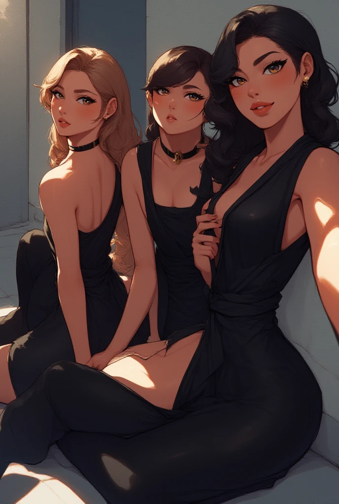 Five young girls in a dimly lit basement, glowing pentagram on the floor, scattered candles, old spell book. Natalia, the Succubus, dark flowing hair, crimson eyes, bat-like wings, alluring and menacing. Jasmine, olive skin, long wavy black hair, brown eyes, confident, medium chest. Beatrice, long brown hair, glasses, massive breasts, anxious, bookworm. Claire, short black hair, blue eyes, athletic, toned body, , tomboy. Madison, straight blonde hair, green eyes, tall model figure, fashionable, smug. Ellie, straight blonde hair, green eyes, tall model figure, excited, eccentric. United yet distinct, tension and revelation.