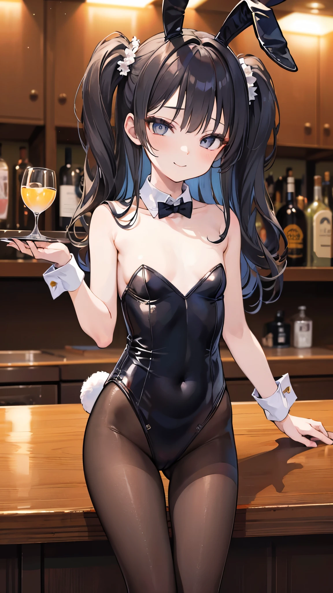 1girl,solo,super detailed skin,shiny skin,wet oily skin, sui-feng, soifon, bleach  ,expressionless,,black hair,eyelashes,black eyes,lips gloss,small breasts,beautifully shaped breasts, body suit,playboy bunny,rabbit ears,fishnet,bowtie, wrist cuffs, night bar,masterpiece,best quality,ultra detailed,high resolution,(full body, pantyhose, fishnet stockings)
