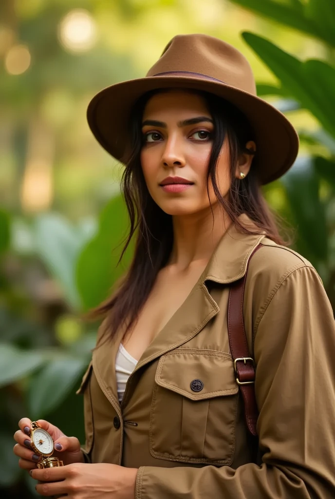 Digital art of the upper half of a woman in Edwardian-era explorer attire  , featuring a tailored khaki jacket with pockets, a wide-brimmed hat, and a leather satchel strap across her shoulder. She holds a vintage compass in one hand. The background depicts a lush jungle with soft sunlight streaming through the leaves."