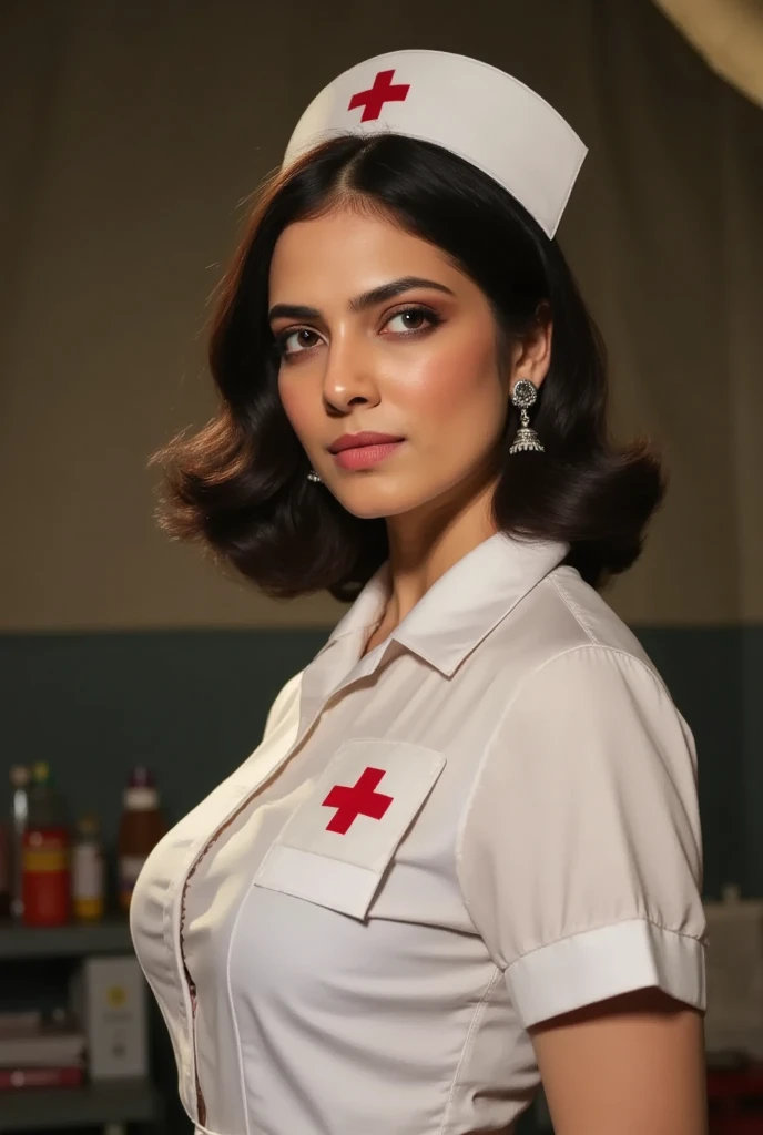 Digital art of the upper half of a woman in a 1940s nurse uniform with a crisp white apron while  , a Red Cross badge, and a matching cap. Her expression is calm and reassuring, with a soft glow on her face. The background shows a vintage field hospital tent with muted colors and medical supplies scattered around."