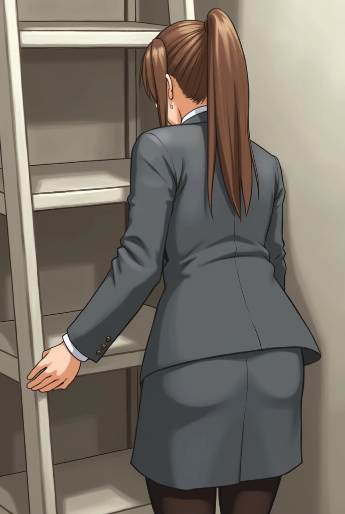 ((highest quality)), ((masterpiece)), (be familiar with), (High definition), (real), 8K, best shadow, side lighting, cinematic、low contrast、(Complex:1.4)、(1 Office Lady)、milf, (Climbing the ladder)、Grey color pantsuit、Holding a file box in hand、(Calf close-up:1.2)、(back view)、hidden camera photos、View from below looking up at the rear、(Cabinet bookshelf in a bright office)