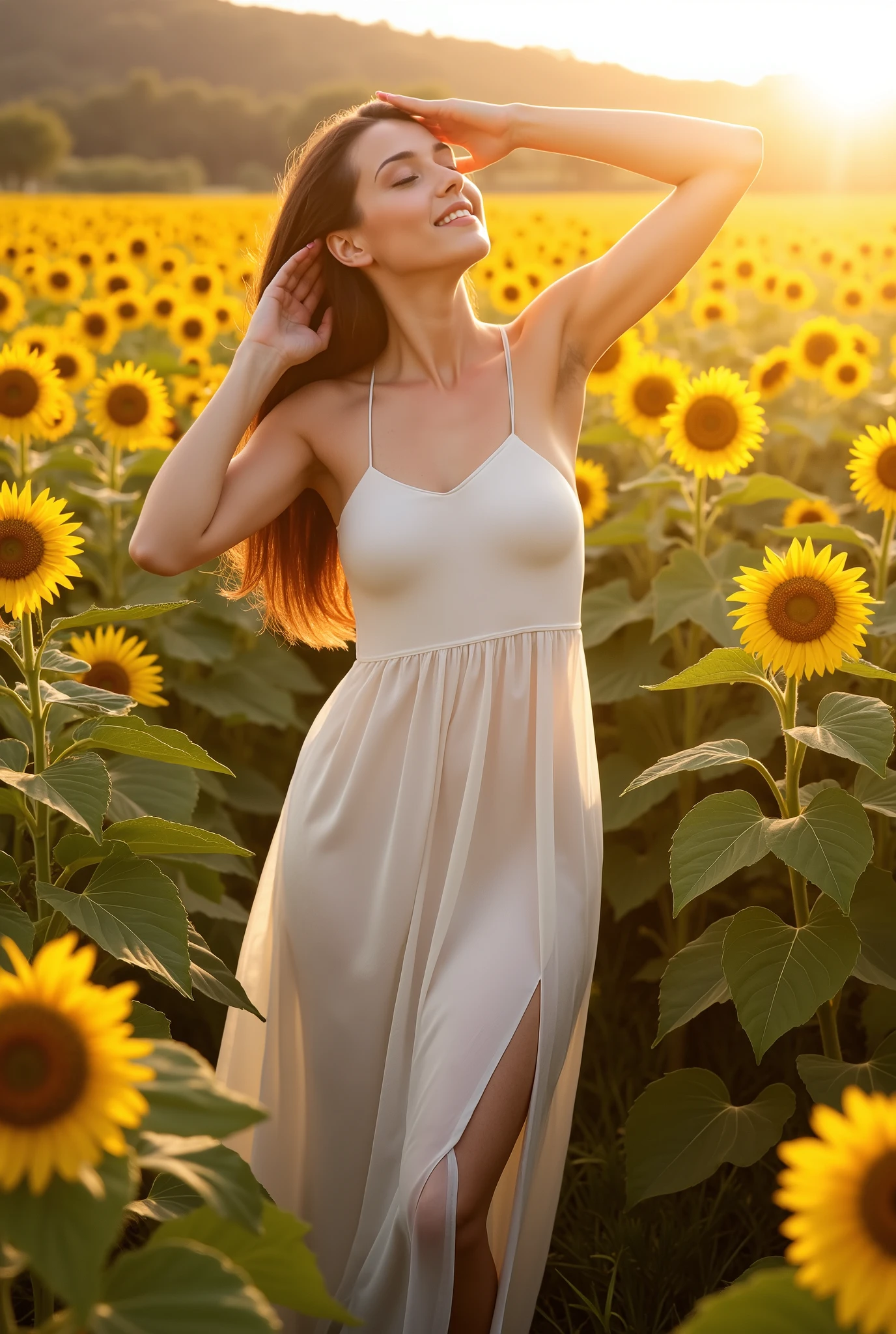 (Masterpiece, ultra-high resolution, cinematic golden-hour lighting:1.4, ethereal and dreamy atmosphere)
Location: Woman standing in a field of sunflowers, golden light illuminating her figure.
Pose: Arms lifted with fingers grazing her hair, one leg extended slightly, creating a graceful silhouette.
Clothing: Flowy, semi-sheer white sundress.
Expression: A serene smile, head tilted back slightly, eyes closed.