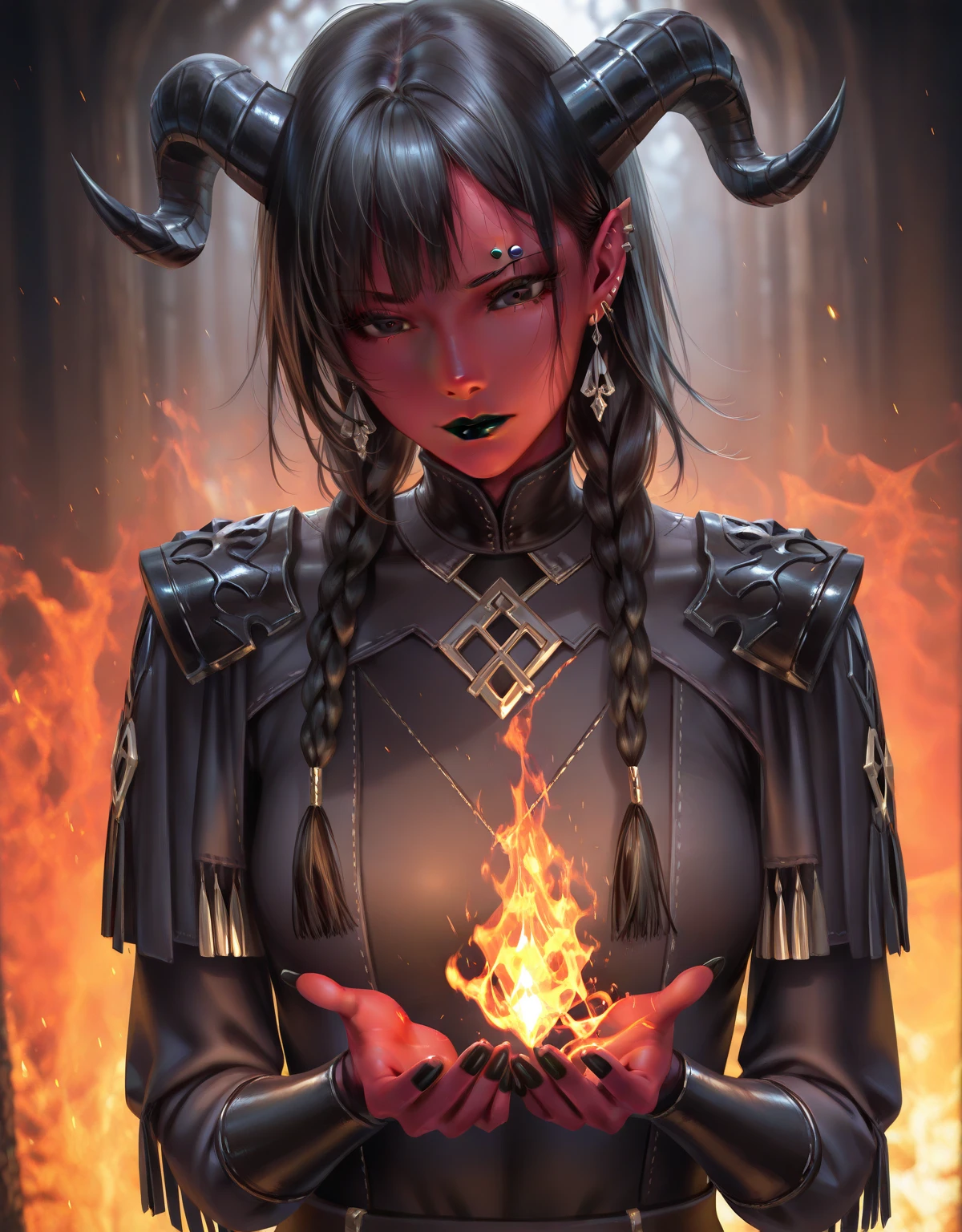  A ***** adult woman ,  red skin, Black Eyes and Yellow Iris,  black hair with small braids , fringe, silver nose and eyebrow piercings , silver earrings , black horns , Black Lipstick, black eyeliner,  she wears a tight black paladin outfit,  perfect body,  Her hand has flames of fire , black nails,  she is in a dark cave .