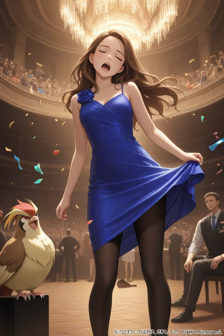 masterpiece, best quality, 1girl, {unconscious:2.0}, black tights, open mouth, party dress, {eyes closed:4.0}, club, official art, brown hair, long hair, falling backwards, head tilt, detailed eyes, pidgeontoed