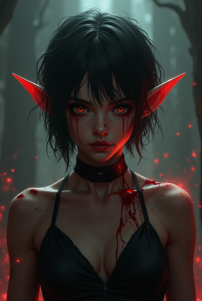 I want you to make a sexy blood demon girl with short black hair and red eyes, that looks threatening but at the same time seductive and that is smiling and has fangs 