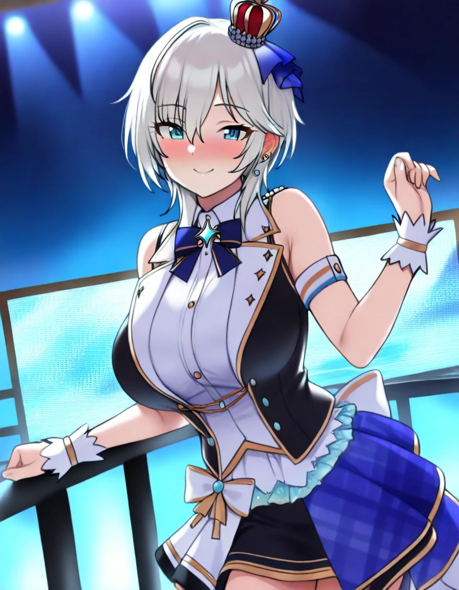 best quality, amazing quality, very aesthetic, absurdres,
1girl, idolmaster, anastasia, short white hair, blue eyes, large breast, idol uniform, skirt idol uniform, smile, blush, pearl crown, stage, idol stage, night, earings,