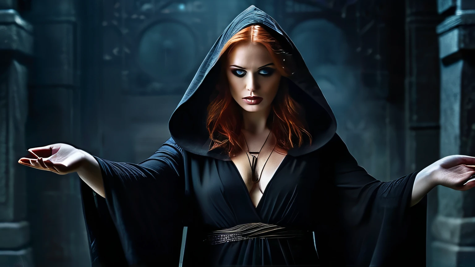 Masterpiece photography, hi-resolution, Ultra-detailed, sharp focus and physically based rendering picture of a dark cultist beautiful redhead woman, mid-aged,  astonishing and gorgeous body draped in a long black hooded tunic robe that clings to her slender frame, the tunic opens dramatically at the plunging neckline, revealing her huge round shiny breasts. In the middle of the night she standing, with arms raised,  at the entrance of an ancient dark stone temple of ominous and mysterious architecture in the middle of the night. With opened arms, she casts a black magic spell, invoking  and speaking aloud, ((open mouth expression)), magical and evil cosmic powers. In a dark ambience an ethereal fog , lightings and supernatural wind with ominous atmosphere can be perceived. HDR enhancement, pure realism, ominous atmosphere, cinematic lighting, film stills, ultra detailed image textures, capturing every detail with precision.